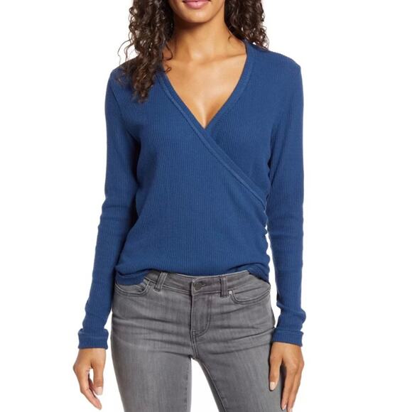 Caslon Tops - Caslon Dark Blue Faux Wrap V Neck Ribbed Tee